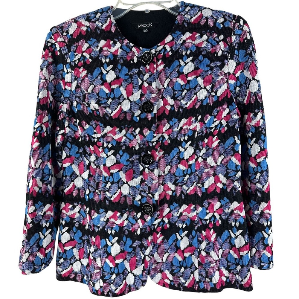 Misook Blue Black White Pink Blue Button Down Sz XS Stretchy Jacket Wearable Art